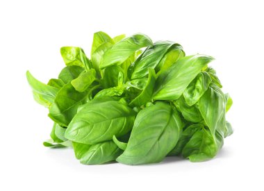 Beyaz arkaplanda taze fesleğen yaprakları