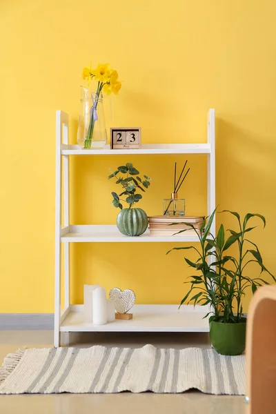 Jug Beautiful Daffodils Decor Shelf Unit Color Wall — Stock Photo, Image