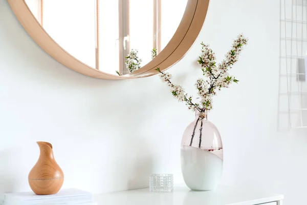 Vase Blossoming Branches Shelf Light Wall Room — Stock Photo, Image