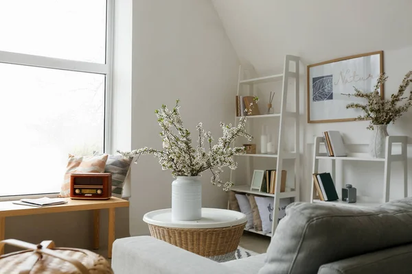 Vase Blossoming Branches Interior Modern Living Room — Stock Photo, Image