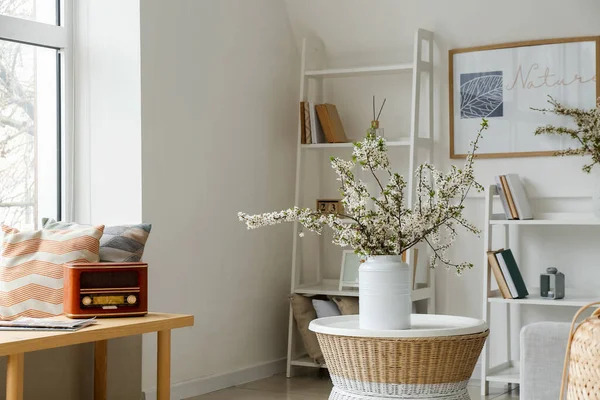 Vase Blossoming Branches Interior Modern Living Room — Stock Photo, Image