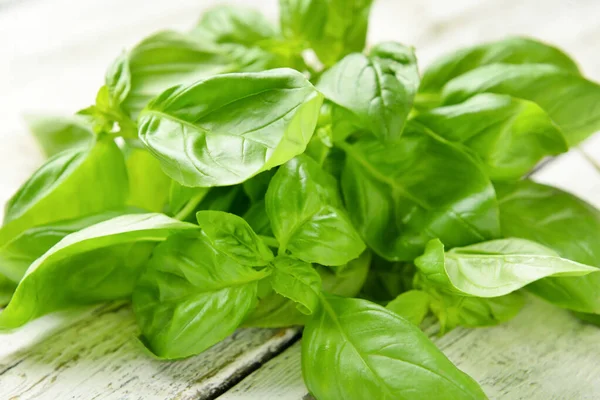 Fresh Basil Leaves Light Wooden Background Closeup — Stock Photo, Image