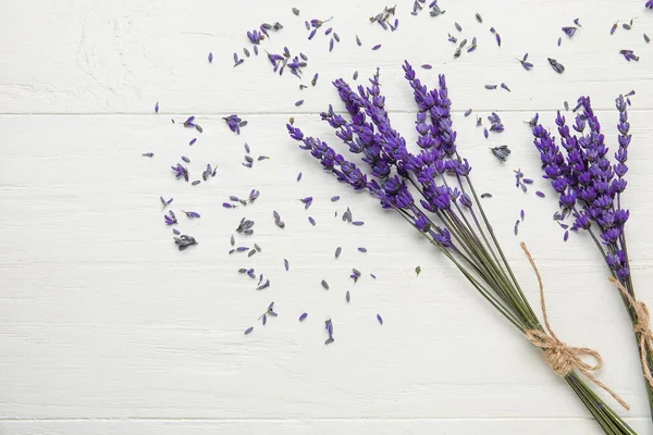 Beautiful Lavender Flowers Light Wooden Background — Stock Photo, Image