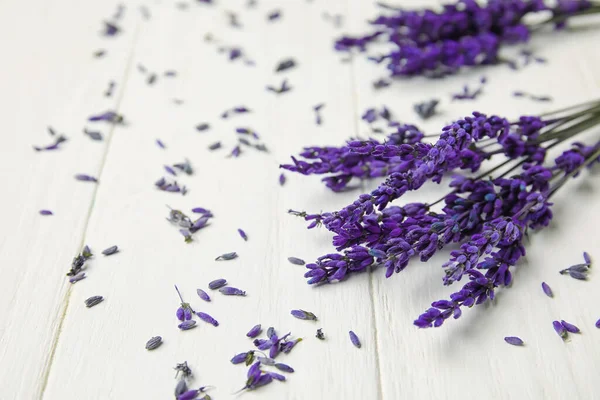 Beautiful Lavender Flowers Light Wooden Background — Stock Photo, Image