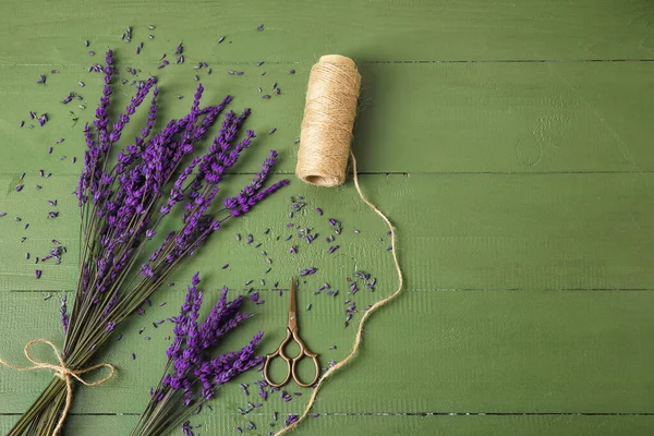 Beautiful Lavender Flowers Scissors Rope Color Wooden Background — Stock Photo, Image