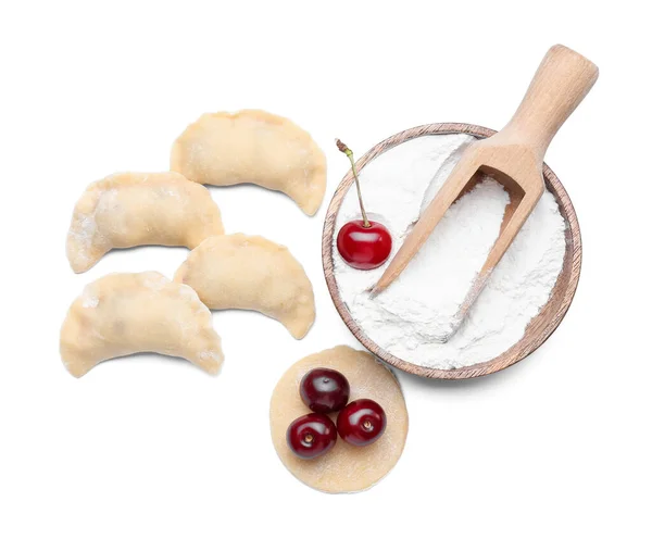 Rauwe Kersenknoedels Ingrediënten Witte Achtergrond — Stockfoto