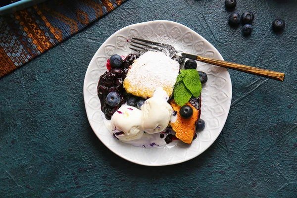 Plate Pieces Blueberry Cobbler Ice Cream Dark Background — Stock Photo, Image