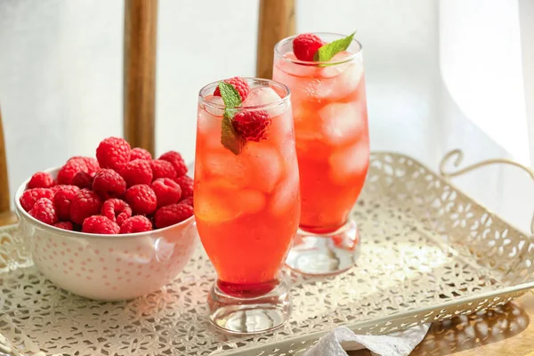 Tray Glasses Tasty Lemonade Bowl Raspberry Table Room — Stock Photo, Image