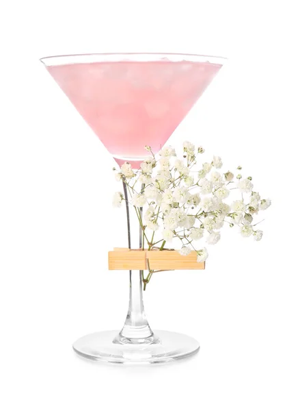 Bicchiere Con Gustoso Cocktail Bellissimi Fiori Gypsophila Sfondo Bianco — Foto Stock