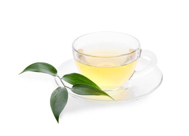 Glass cup of tea and green leaves on white background