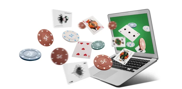 Flying Chips Cards Gambling Games Laptop White Background — Stock Photo, Image