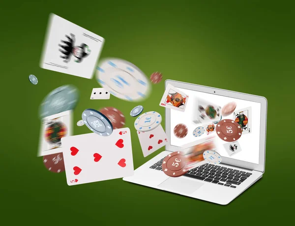 Flying Chips Cards Gambling Games Laptop Color Background — Stock Photo, Image