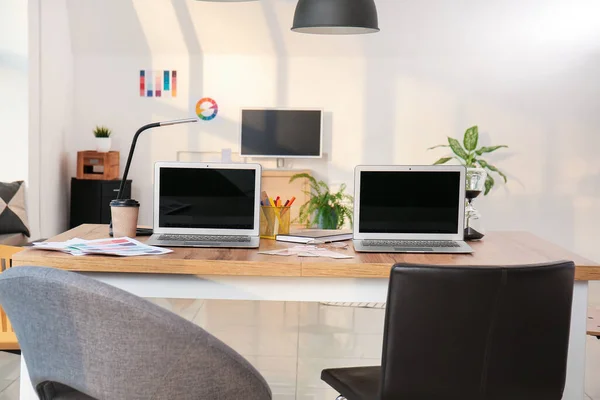 Stylish Workplace Graphic Designers Laptops Office — Stock Photo, Image