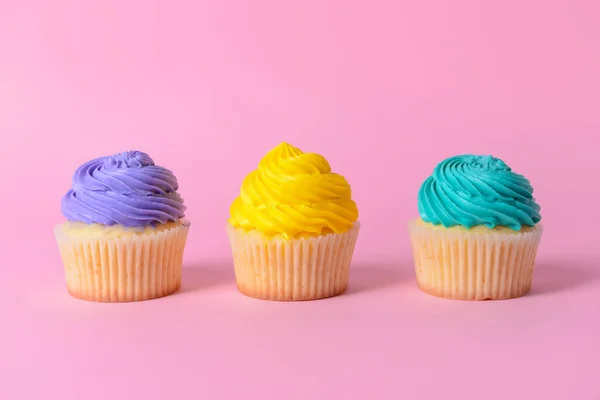Tasty Birthday Cupcakes Color Background — Stock Photo, Image
