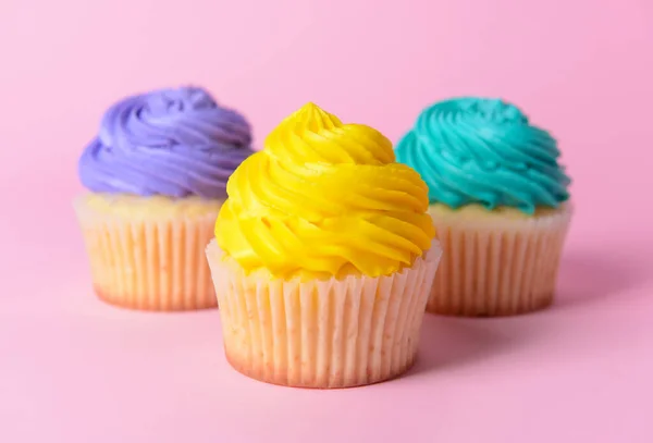 Tasty Birthday Cupcakes Color Background Closeup — Stock Photo, Image