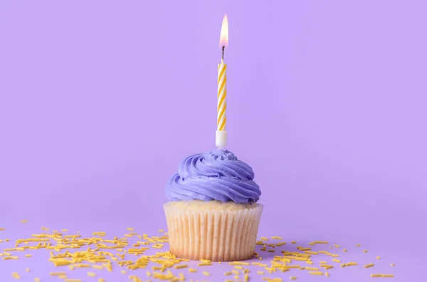 Tasty Birthday Cupcakes Burning Candle Color Background — Stock Photo, Image