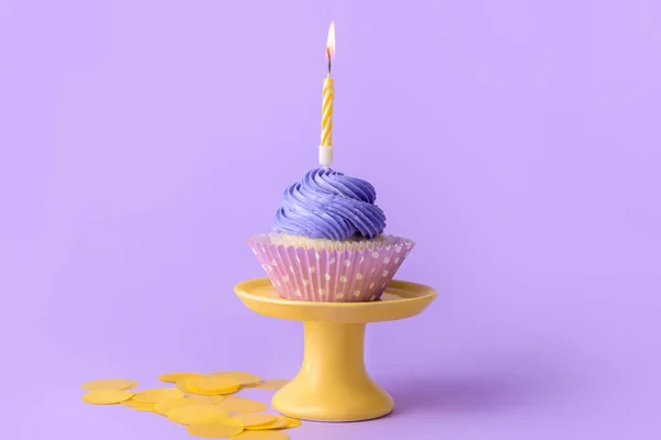 Stand Tasty Birthday Cupcake Burning Candle Color Background — ストック写真
