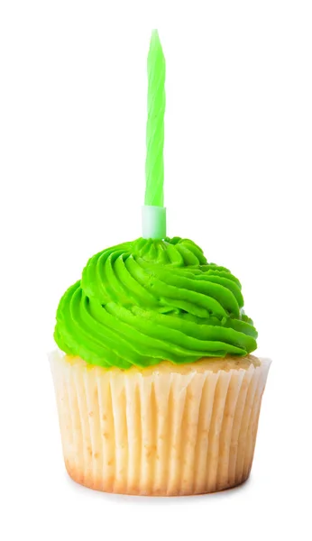 Gustoso Cupcake Compleanno Con Candela Sfondo Bianco — Foto Stock