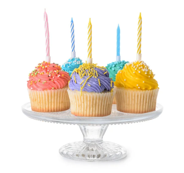 Stand Con Sabrosos Cupcakes Cumpleaños Velas Sobre Fondo Blanco — Foto de Stock