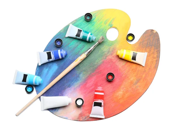 Tubes Paints Brush Palette White Background — Stock Photo, Image