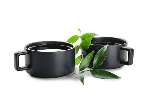 Cups Tea Green Leaves White Background — Stok fotoğraf