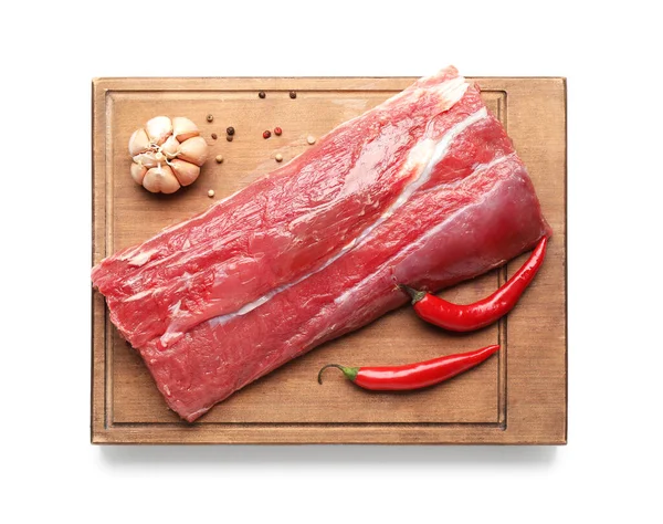 Wooden Board Raw Beef Brisket White Background — Stockfoto