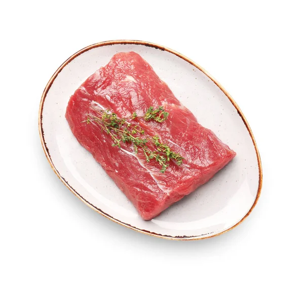 Plate Raw Beef Brisket White Background — Φωτογραφία Αρχείου