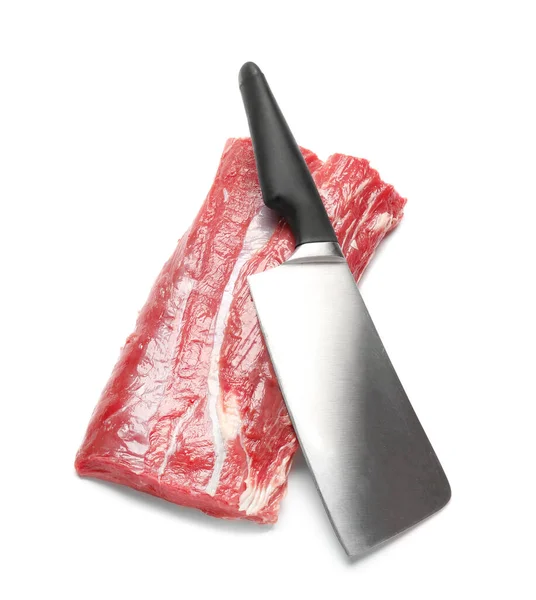 Raw Beef Brisket Butcher Knife White Background — Fotografia de Stock