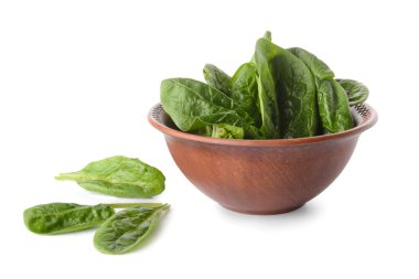 Beyaz arka planda taze ıspanak yapraklı kase