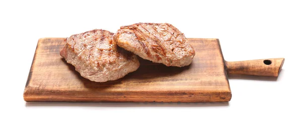 Wooden Board Tasty Beef Steaks White Background — Fotografia de Stock