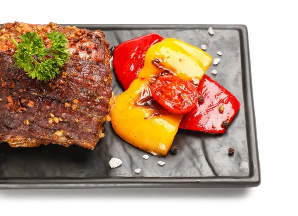 Tasty Beef Brisket Grilled Vegetables White Background Closeup — Stok Foto