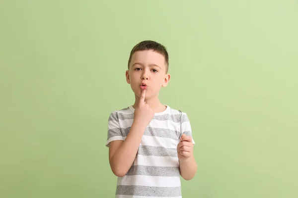 Little Boy Logopedic Tool Speech Correction Color Background — Stock Photo, Image