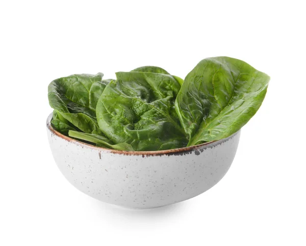 Bowl Fresh Spinach Leaves White Background — Stock Photo, Image