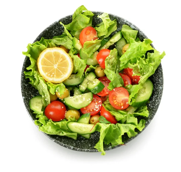 Assiette Avec Délicieuse Salade Légumes Mélangés Sur Fond Blanc — Photo