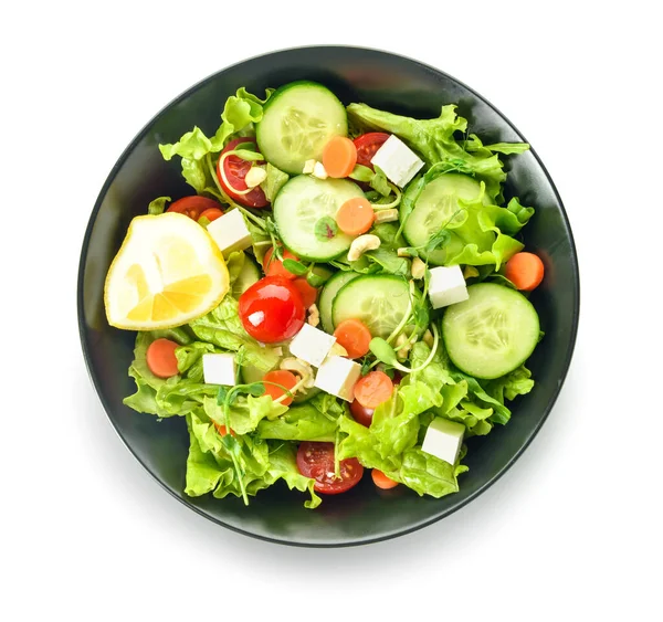 Bol Avec Délicieuse Salade Légumes Frais Sur Fond Blanc — Photo