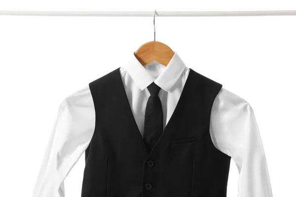 Cremalheira Com Uniforme Escolar Elegante Fundo Branco — Fotografia de Stock