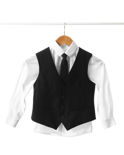 Cremalheira Com Uniforme Escolar Elegante Fundo Branco — Fotografia de Stock