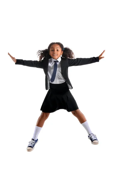 Jumping African American Schoolgirl White Background — Stock Photo, Image