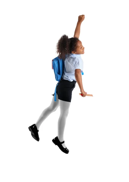 Прыжки Афроамериканской Школьницы Белом Фоне — стоковое фото