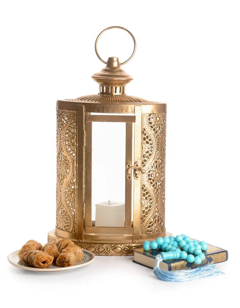 Muslim Lantern Quran Tasbih Turkish Sweets White Background — Stock Photo, Image