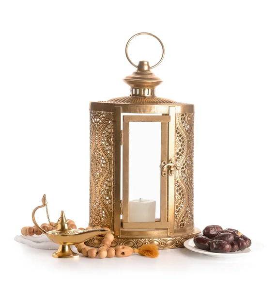 Muslim Lantern Aladdin Lamp Tasbih Dates White Background — Stock Photo, Image