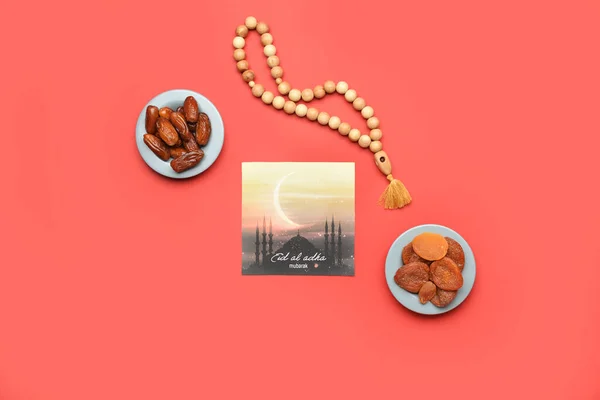 Greeting Card Eid Adha Feast Sacrifice Dried Fruits Tasbih Color — Stock Photo, Image