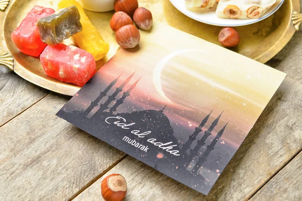 Bandeja Con Tarjeta Felicitación Para Eid Adha Fiesta Del Sacrificio — Foto de Stock