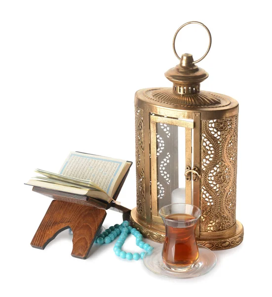 Muslim Lantern Quran Tasbih Turkish Tea White Background — Stock Photo, Image