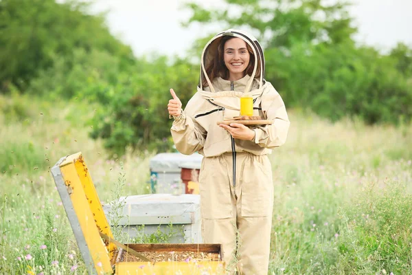 雌養蜂家とともに蜂蜜にApiary — ストック写真