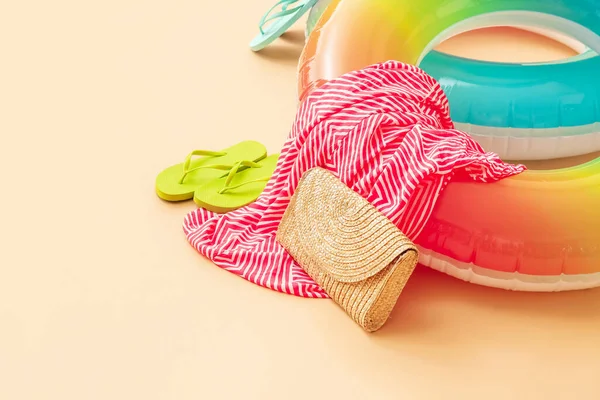 Inflatable Rings Bag Dress Flip Flops Color Background Closeup — Stock Photo, Image