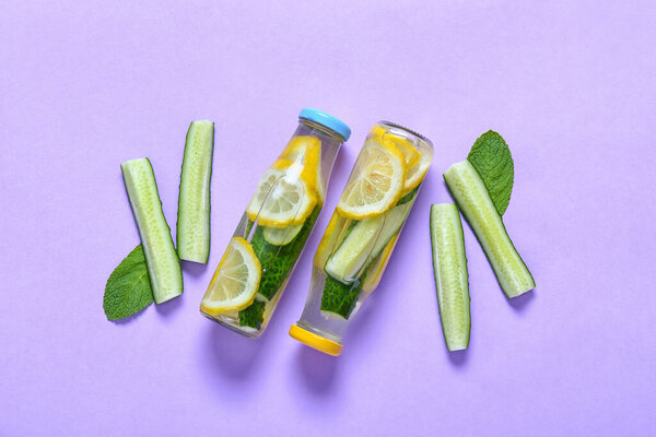 Bottles Cucumber Lemonade Color Background — Stock Photo, Image