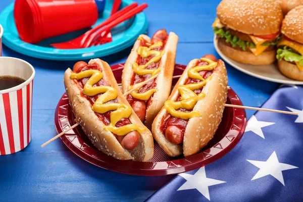 American Hot Dogs Color Wooden Background Stock Picture