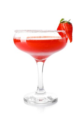 Glass of strawberry daiquiri cocktail on white background