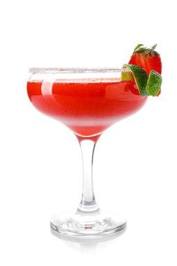 Glass of strawberry daiquiri cocktail on white background